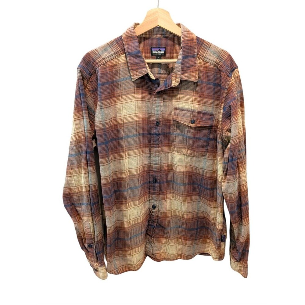 Patagonia Organic Cotton Plaid Flannel Shirt Rust Tan Gorpcore L Fall Winter